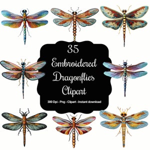 Peut inclure: 35 images de clip art de libellules brodées. Les libellules sont de différentes couleurs, notamment le bleu, le vert, le rouge, l'orange et le jaune. Elles sont toutes de style vintage.