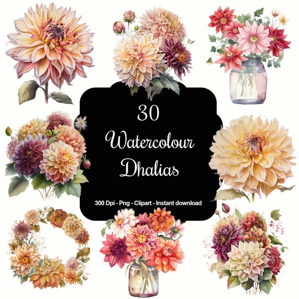 30 Watercolour Dahlia Flowers, Wreaths, Bouquets , High Quality Clipart, Instant Download, 300 Dpi, Transparent PNG Files, Commercial use