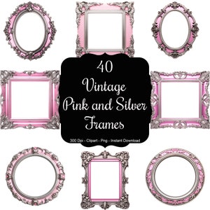 May include: Set of 40 vintage pink and silver frames. The frames are ornate and have a distressed look. They are perfect for adding a touch of elegance to your projects.