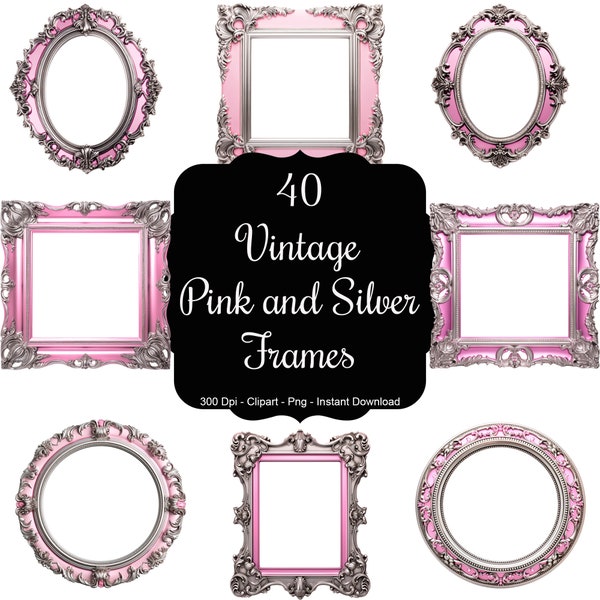 Blush Elegance: 40 Pink and Silver Vintage Frames Clipart Set
