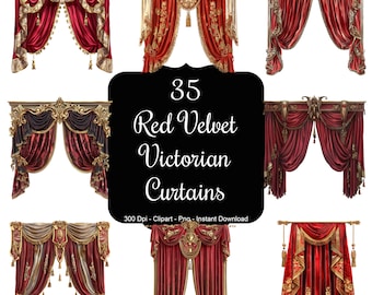 Velvet Majesty: Set de 35 cortinas victorianas de terciopelo rojo.