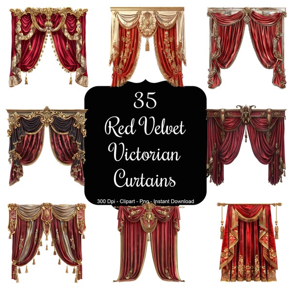 Velvet Majesty: 35 Red Velvet Victorian Curtains Clipart Set