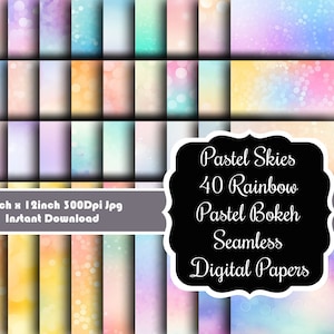 Pastel Skies: 40 papéis digitais sem costura Rainbow Pastel Ombre Bokeh