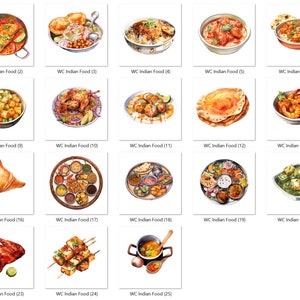 May include: A collection of 25 watercolor illustrations of various Indian dishes, including curries, breads, and desserts. The illustrations are arranged in a grid pattern and are all in a realistic style.