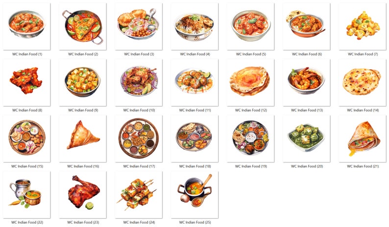 May include: A collection of 25 watercolor illustrations of various Indian dishes, including curries, breads, and desserts. The illustrations are arranged in a grid pattern and are all in a realistic style.
