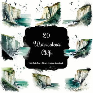 Küstenlandschaften: 20 Wasserfarben-Klippen und Landschafts-Clipart-Set