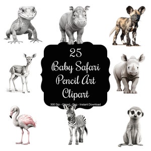 Safari Sketches: 25 Pencil Illustrations of Baby Safari Animals Clipart Set