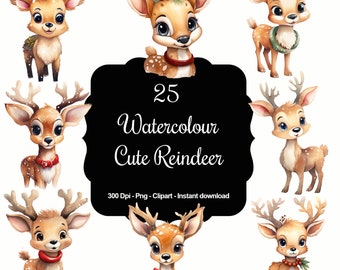Reindeer Whimsy: 25 Watercolour Cute Reindeer Clipart Collection