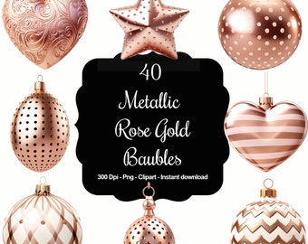 Metallic Bliss: 40 Rose Gold Christmas Baubles Clipart Collection