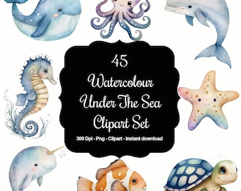 Ocean Whimsy: 45 Watercolour Under The Sea Creatures & Elements Clipart Set