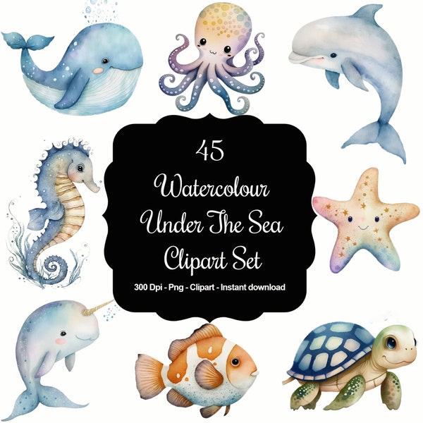 Ocean Whimsy: Conjunto de imágenes prediseñadas de 45 criaturas y elementos marinos de acuarela bajo el mar