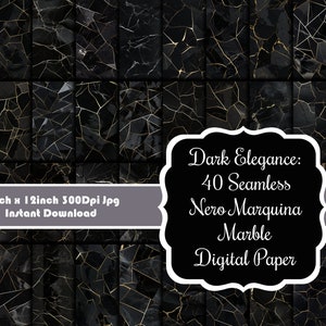 May include: 40 digital paper designs featuring a seamless black and gold marble pattern. Each design is 12 inches by 12 inches and 300 dpi. The pattern is called "Nero Marquina Marble".