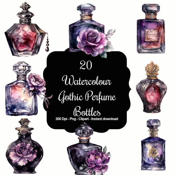 Dark Elixirs: 20 Watercolour Gothic Perfume Bottles Clipart Set