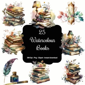 May include: A set of 25 watercolour illustrations of vintage books, lamps, and feathers. The illustrations are perfect for adding a touch of whimsy to your projects.