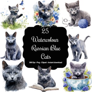 優雅なひげ: 水彩画のロシアンブルー猫のクリップアート 25 点 - 魅惑的なプロジェクトのための魅惑的な猫の優雅さ