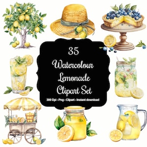 Clipartset aquarel limonadekraam - 35 unieke limonadekraam-illustraties voor persoonlijk en commercieel gebruik