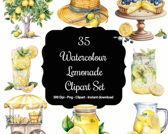 Watercolour Lemonade Stand Clipart Set - 35 Unique Lemonade Stand-Themed Illustrations for Personal and Commercial Use