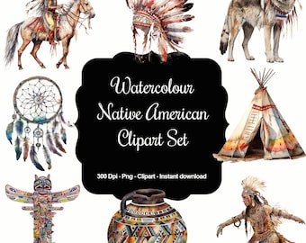 Encantador conjunto de imágenes prediseñadas de acuarela de nativos americanos n.° 1: 36 obras de arte tribal auténticas, animales tótem majestuosos, símbolos inspiradores y colores terrosos