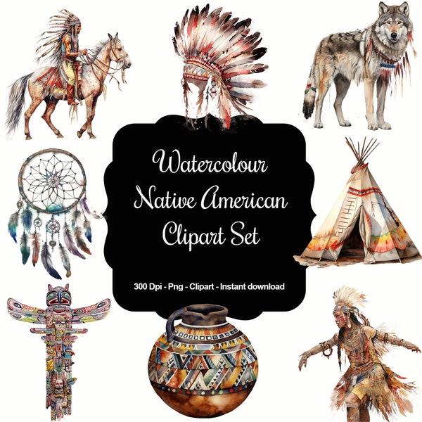 Enchanting Native American Watercolor Clipart Set 1 - 36 Authentic Tribal Art, Majestic Totem Animals, Inspiring Symbols and Earthy Colors