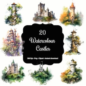 Castle Dreams: pacchetto di 20 clipart di castelli ad acquerello
