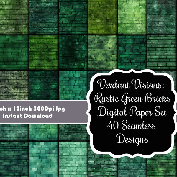 Verdant Visions: Rustic Green Brick Textures Digital Paper Set - 40 Seamless Designs