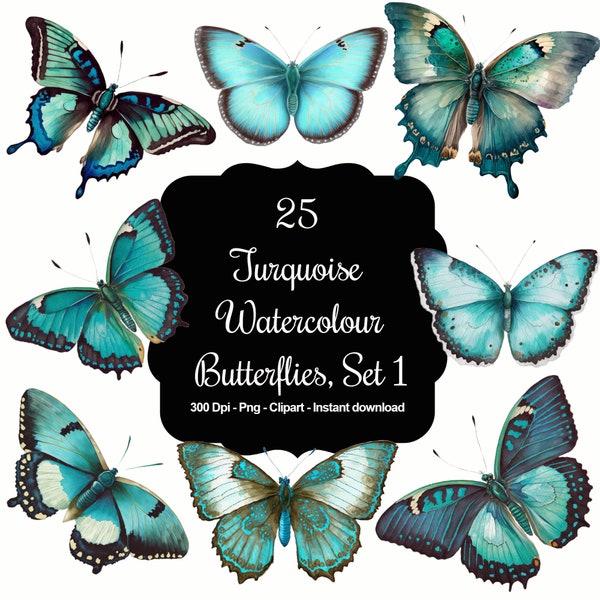 Azure Dreams: Set 1 - 25 Turquoise Watercolour Butterfly Cliparts