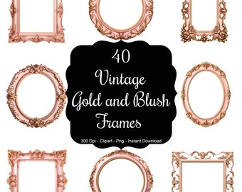Golden Blush Elegance: 40 Vintage Gold and Blush Frames Clipart Set