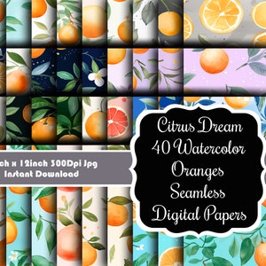 May include: A digital paper pack with 40 seamless patterns featuring watercolour oranges, leaves, and branches. The patterns are in various colours, including blue, green, yellow, and orange. The text "Citrus Dream 40 Watercolour Oranges Seamless Digital Papers" is displayed on the image.