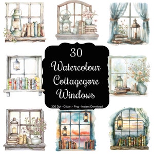 Grillige retraite: 30 aquarel cottagecore-ramen met lantaarns en boeken clipartset