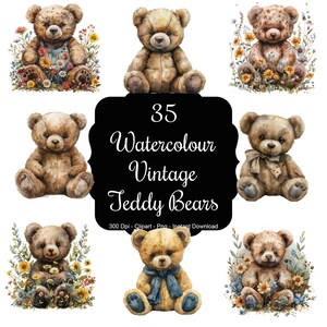 May include: A set of 35 watercolor vintage teddy bear illustrations. The bears are brown and have different expressions and poses. Some are wearing clothes, while others are not. The bears are surrounded by flowers.