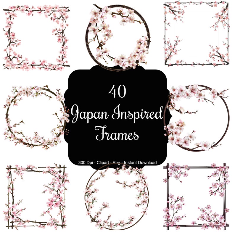 Sakura Line Frame Sakura Serenity: 40 Japanese Blossom Sakura Frames Clipart Set - Etsy