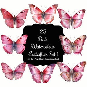 Blush Wings: 25 Watercolour Pink Butterflies Clipart Set, Set 1