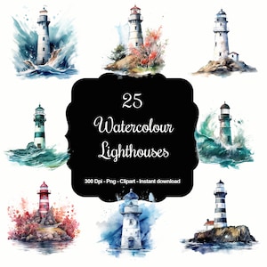 Brillantez de faro: 25 imágenes prediseñadas de faros en acuarela - Colección Coastal Charm