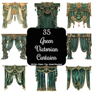 Victorian Verdure: 35 Green Velvet Victorian Curtains Clipart Set