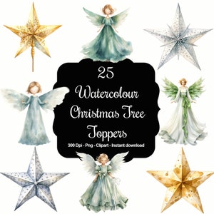 Copas das árvores cintilantes: 25 cliparts de topper de árvore de Natal em aquarela