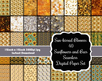 Sun-kissed Blooms: 40 Sunflowers and Bees Seamless Digital Paper Set, perfect to enhance any creative journey.