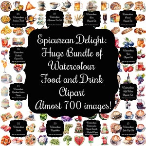 May include: A collection of watercolour illustrations of food and drink, including various fruits, vegetables, desserts, beverages, and meals. The illustrations are arranged in a grid pattern and labelled with the number of images in each set. The text "Epicurean Delight: Huge Bundle of Watercolour Food and Drink Clipart Almost 700 images!" is displayed in the centre of the image.