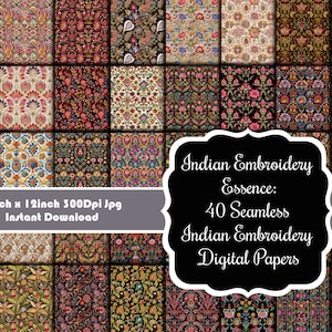 Indian Embroidery Essence: Conjunto de 40 papéis digitais para bordados indianos sem costura