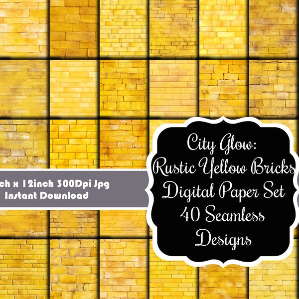 City Glow: Rustic Yellow Brick Textures Digital Paper Set - 40 Seamless Designs