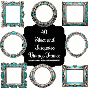 Turkusowe Skarby: 40 Srebrnych i Turkusowych Ramek Vintage Clipart Bundle