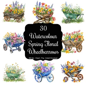 Frühlingsblüten Träger: 30 Aquarell Frühlingsblumen in Schubkarren Clipart Set