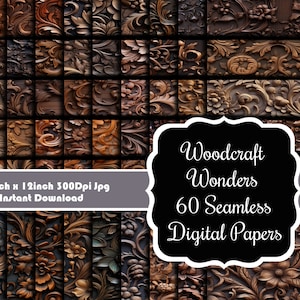 Woodcraft Wonders: 60 bezszwowych cyfrowych papierów z misternymi rzeźbami z drewna