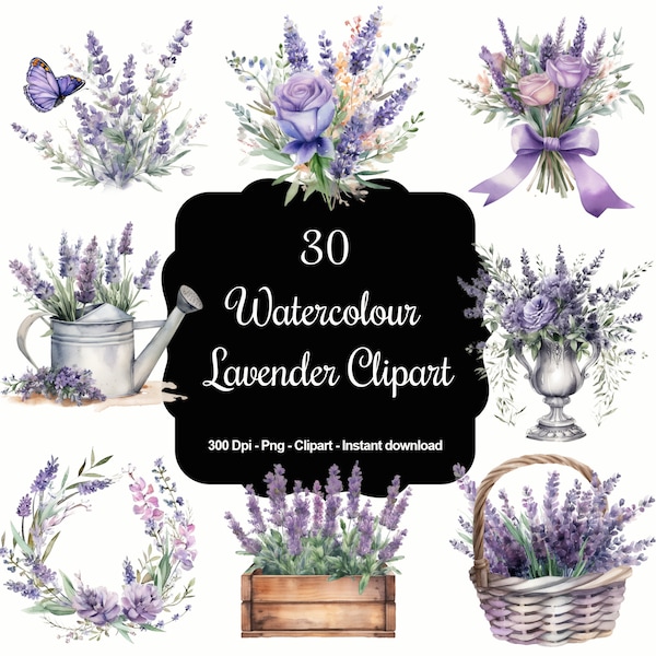 Whimsical Lavender: 30 Watercolour Lavender Flower Bouquets Clipart Set