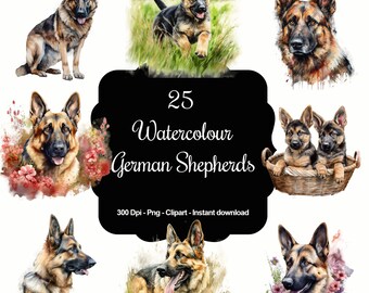 Canine Charm: 25 Watercolour German Shepherd Clipart Set