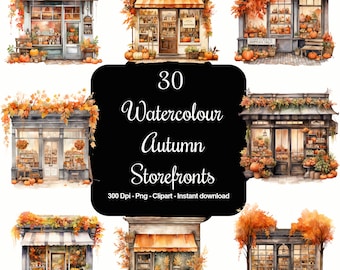 Autumnal Avenues: 30 Watercolour Fall-Themed Storefront Cliparts