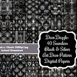 May include: A digital paper pack featuring 40 seamless black and silver Art Deco patterns. Each pattern is 12 inches by 12 inches and 300 dpi.  The patterns are perfect for creating invitations, cards, scrapbook pages, and other craft projects.