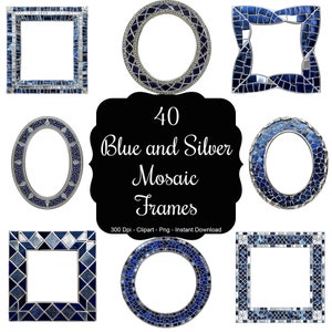 Elegancia azul: conjunto de imágenes prediseñadas de 40 marcos de mosaico azul y plateado