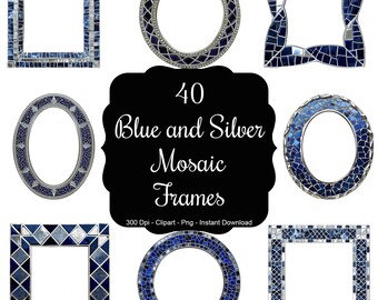 Azure Elegance: 40 Blue and Silver Mosaic Frames Clipart Set