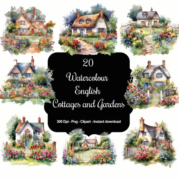 Country Charm: 20 Watercolour English Cottages and Gardens Clipart Set
