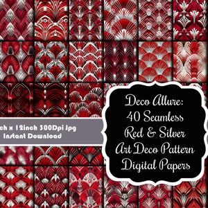 Deco Allure: 40 bezszwowych czerwonych i srebrnych wzorów Art Deco papierów cyfrowych